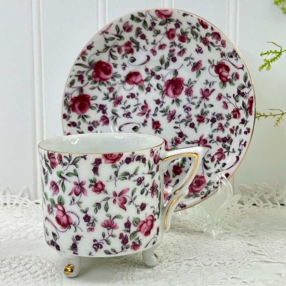 Vintage Yada China Floral Tea Cup & Saucer Pink Roses Gold Trim Cottage Core